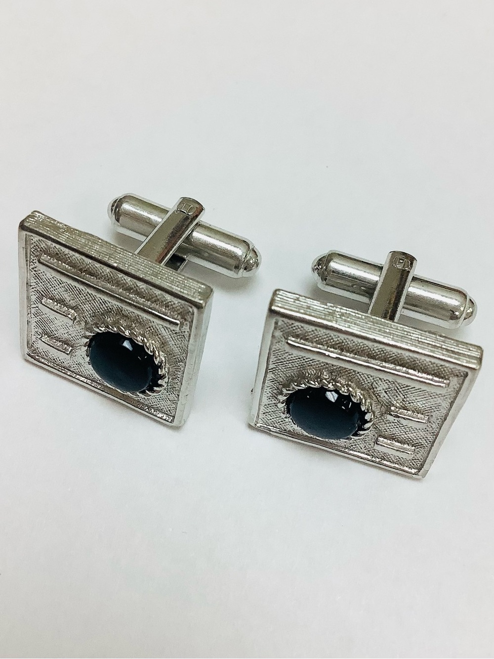 Vtg. Sarah Coventry Silver Tone Rectangular Cufflinks with Black Round Centers